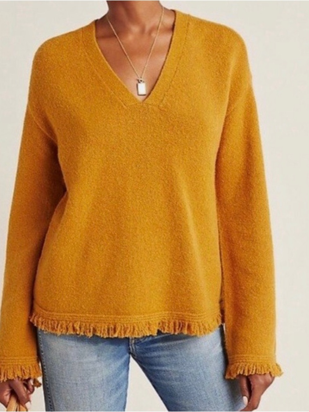 Anthropologie Joy Fringed V Neck Sweater in Mustard Women’s size 1X